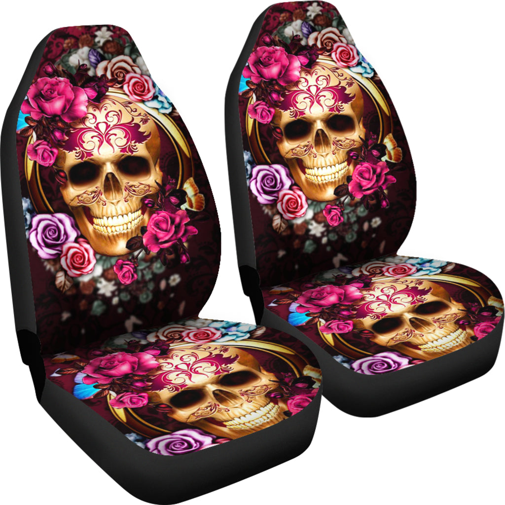 Set of 2 floral beautiful sugar skull car seat covers