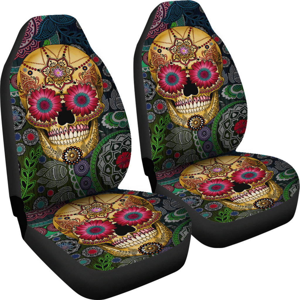 Set of 2 pcs sugar skull car seat covers