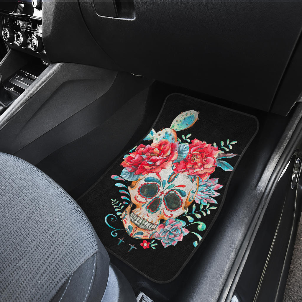 Set of 4 pcs floral sugar skull car mats