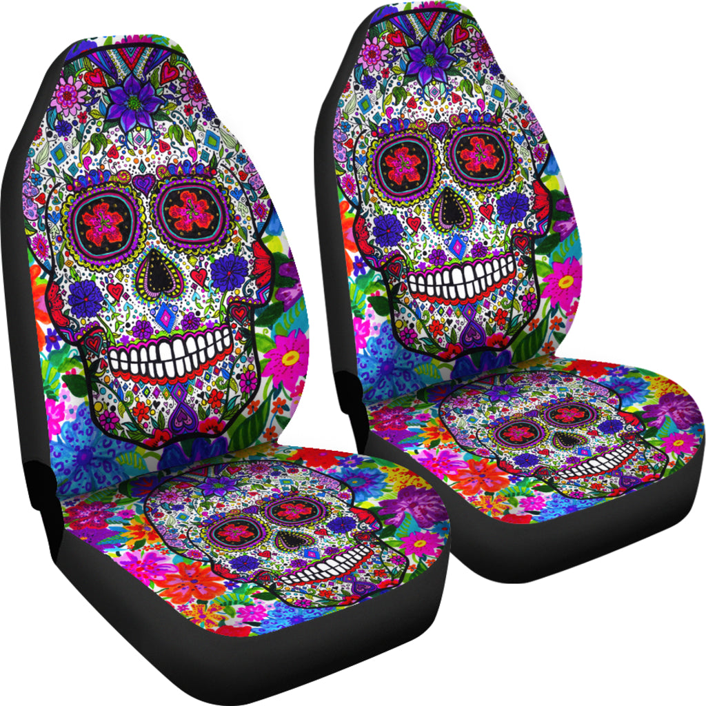 Set of 2 pcs colorful sugar skull car seat cover.