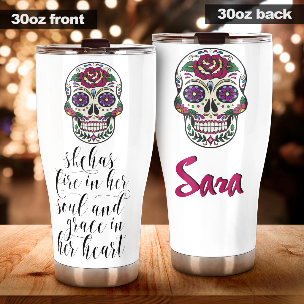 Sugar skull floral tumbler mug cup - Sara