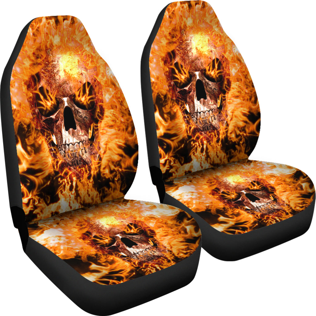 Set 2 Flaming fire skull gothic skull car seat covers