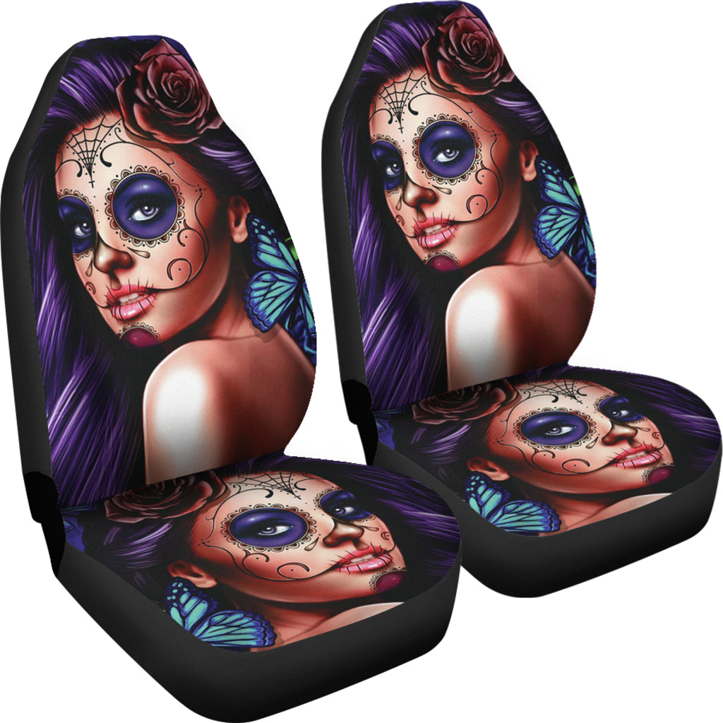 Set of 2 pcs skull beautiful girl car seat covers