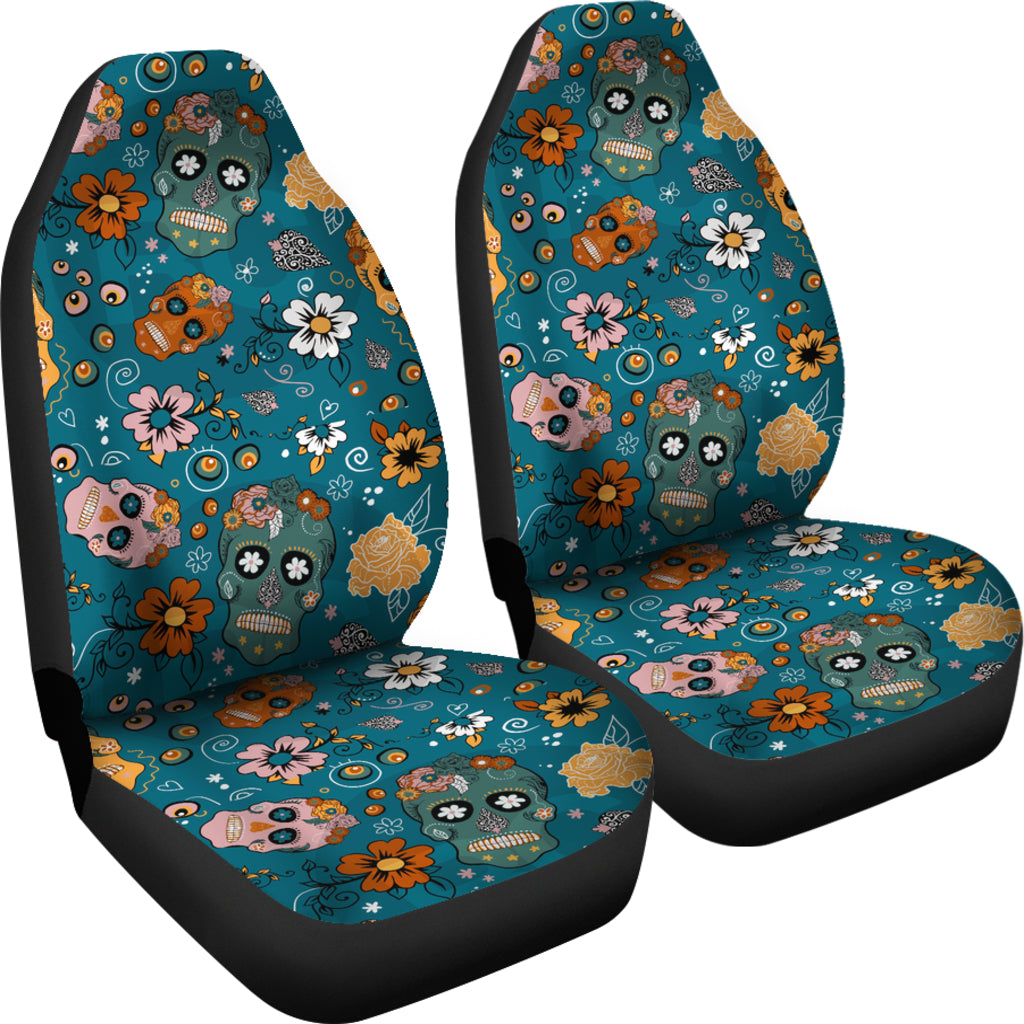 Set of 2 pcs sugar skull day of the dead car seat covers