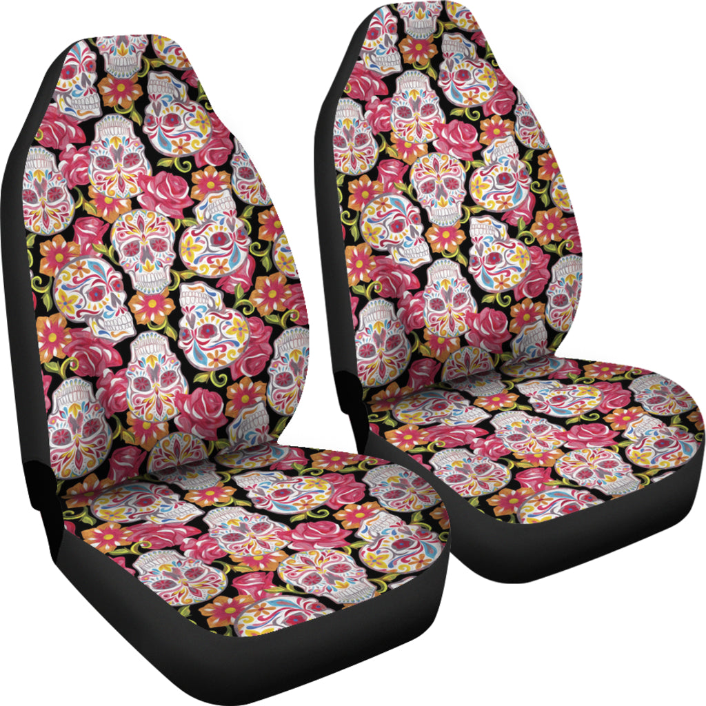 Set of 2 colorful sugar skull car seat covers