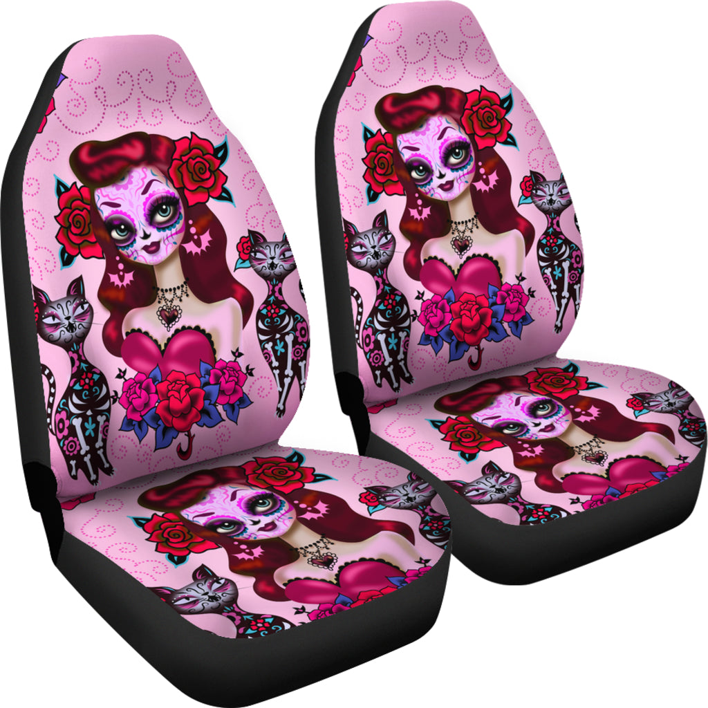 Set of 2 pcs sugar skull girl day of the dead car seat covers