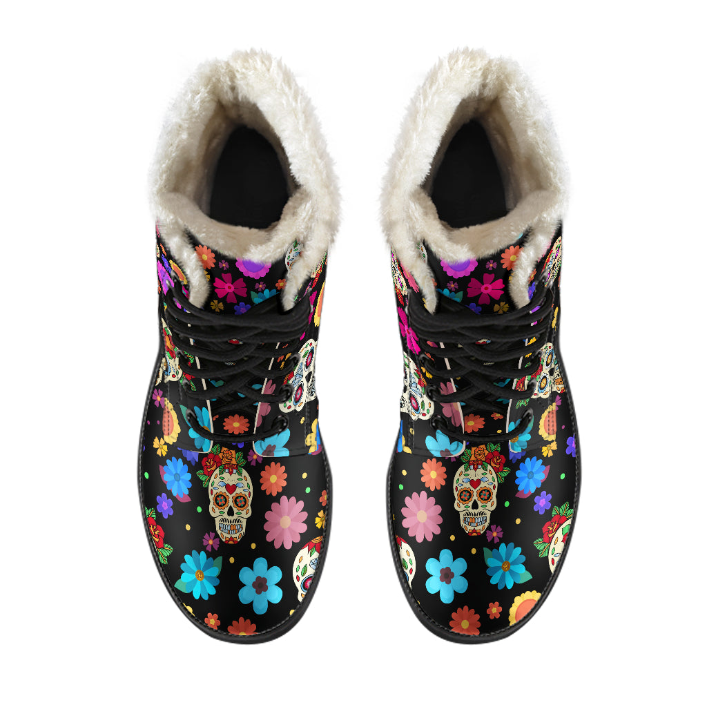 Sugar Skull Party Faux Fur Vegan Leather Boots for Lovers of Skulls