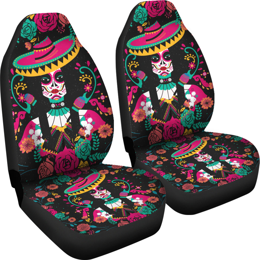 Set of 2 pcs sugar skull car seat covers