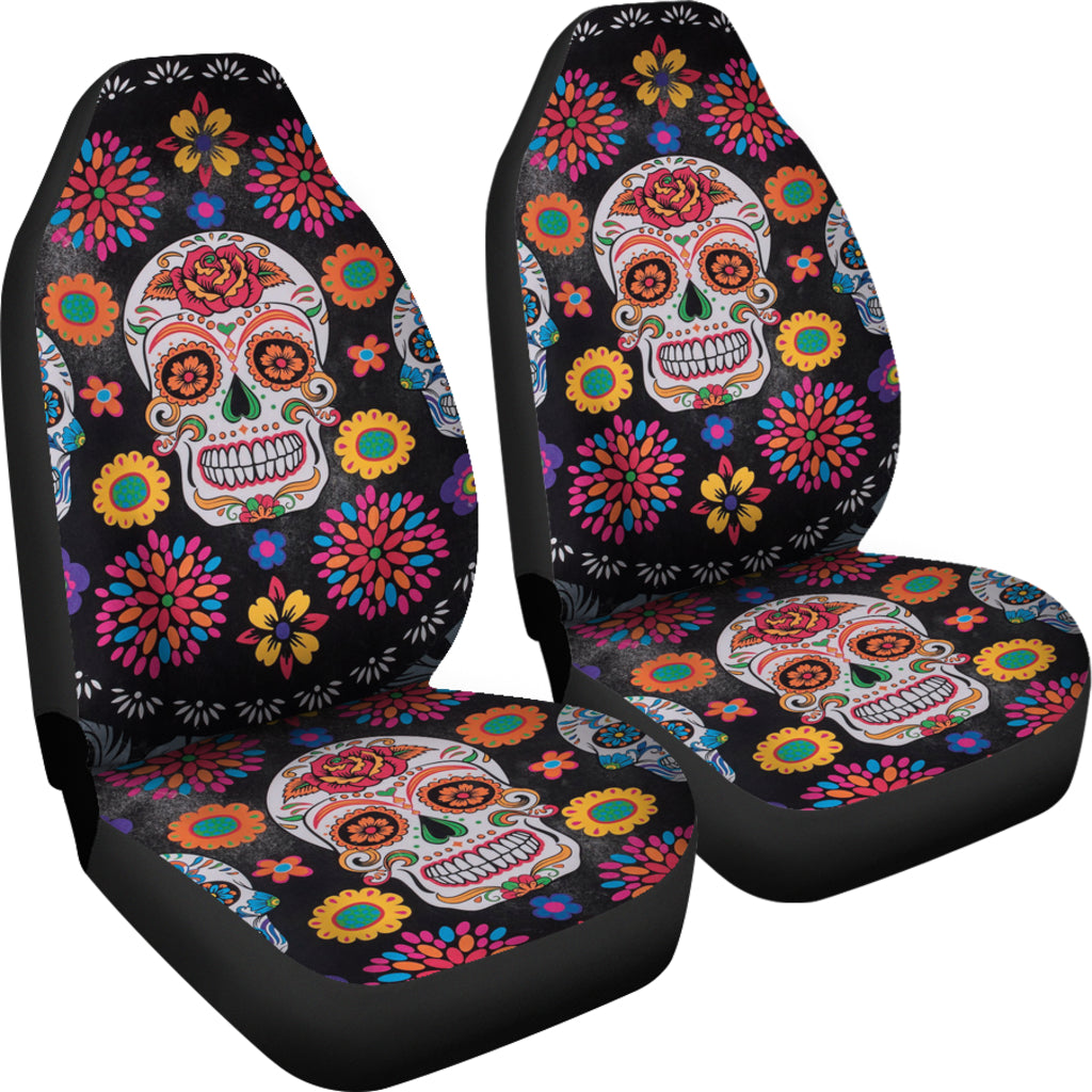 Set 2 pcs Floral sugar skull day of the dead skull car seat covers