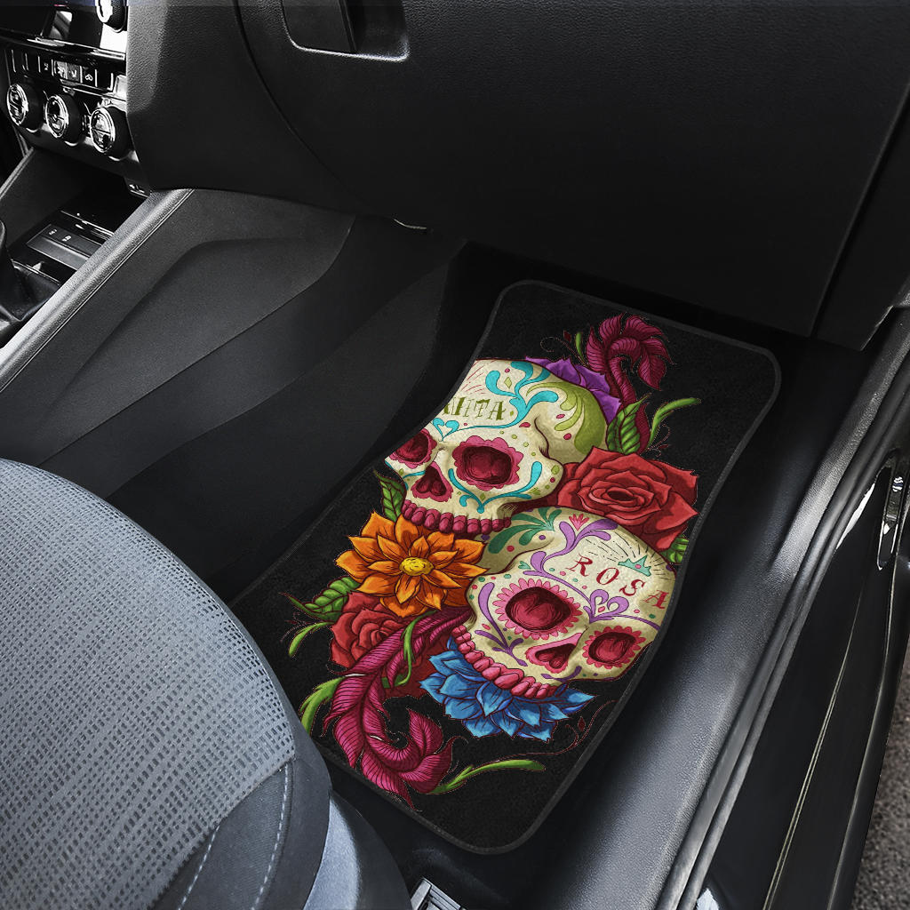 Set of 4 pcs sugar skull rose floral car mats