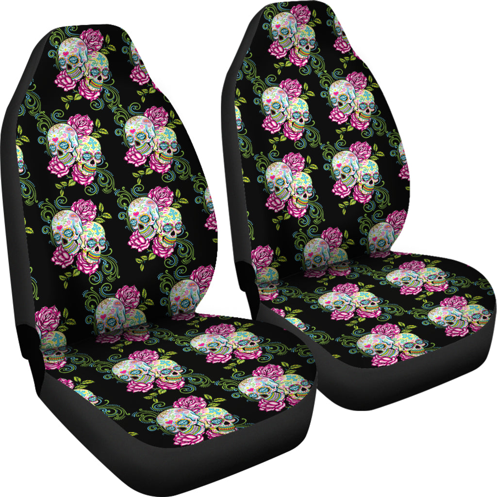 Set of 2 sugar skull floral car seat covers