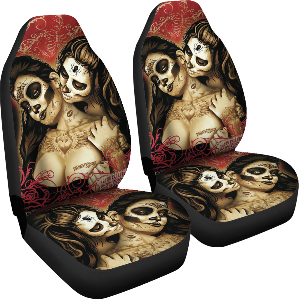 Set of 2 sugar skull day of the dead car seat covers