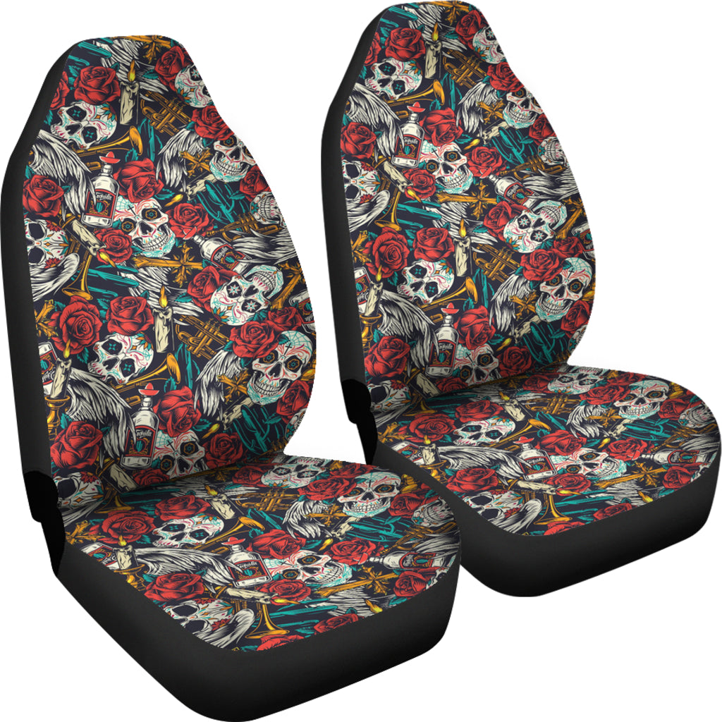 Set of 2 pcs sugar skull car seat covers