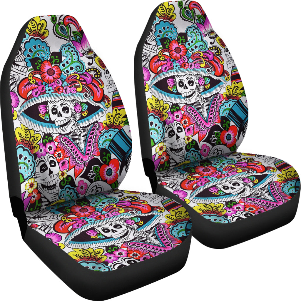 Set of 2 Day of the dead sugar skull car seat covers