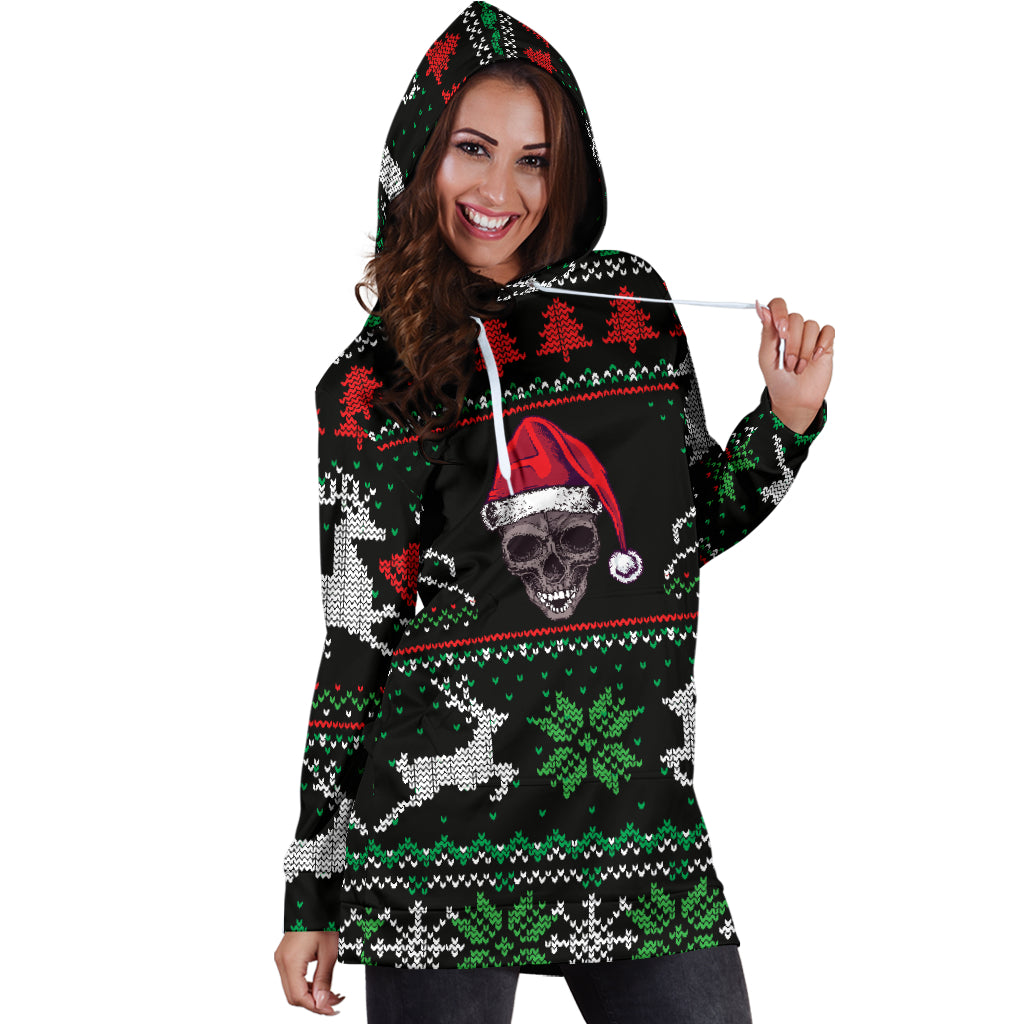 Ugly Christmas Santa Skull Black Hoodie Dress