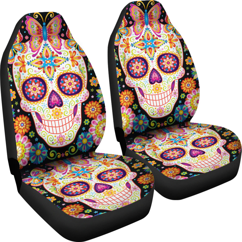 Set 2 pcs sugar skull day of the dead car seat cover