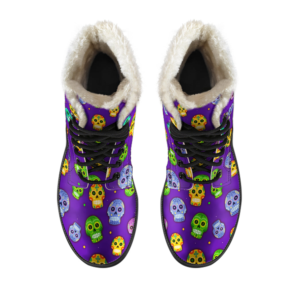 Muerto Sugar Skulls Faux Fur Lined Vegan Leather Boots