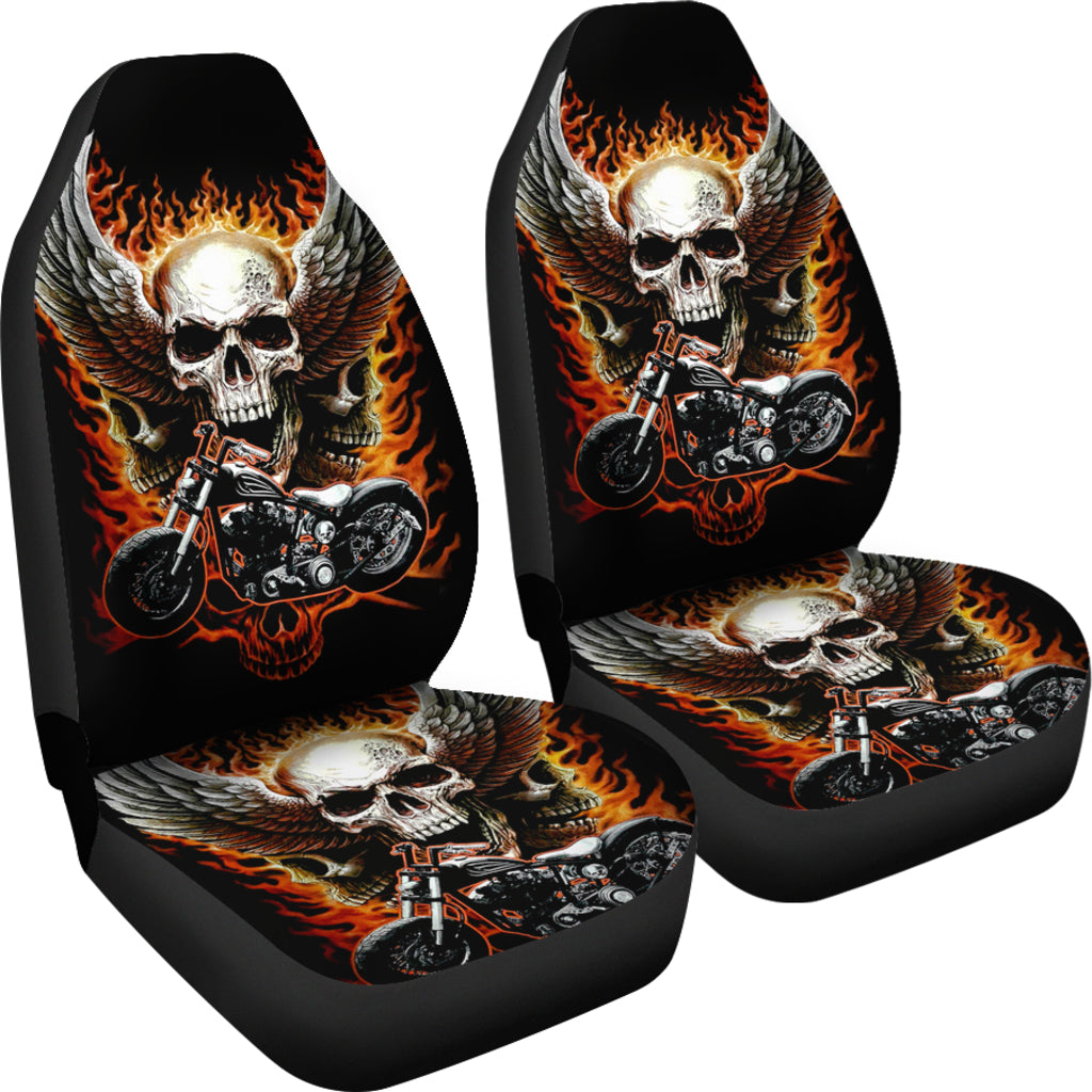 Set of 2 Fire wing skull car seat covers