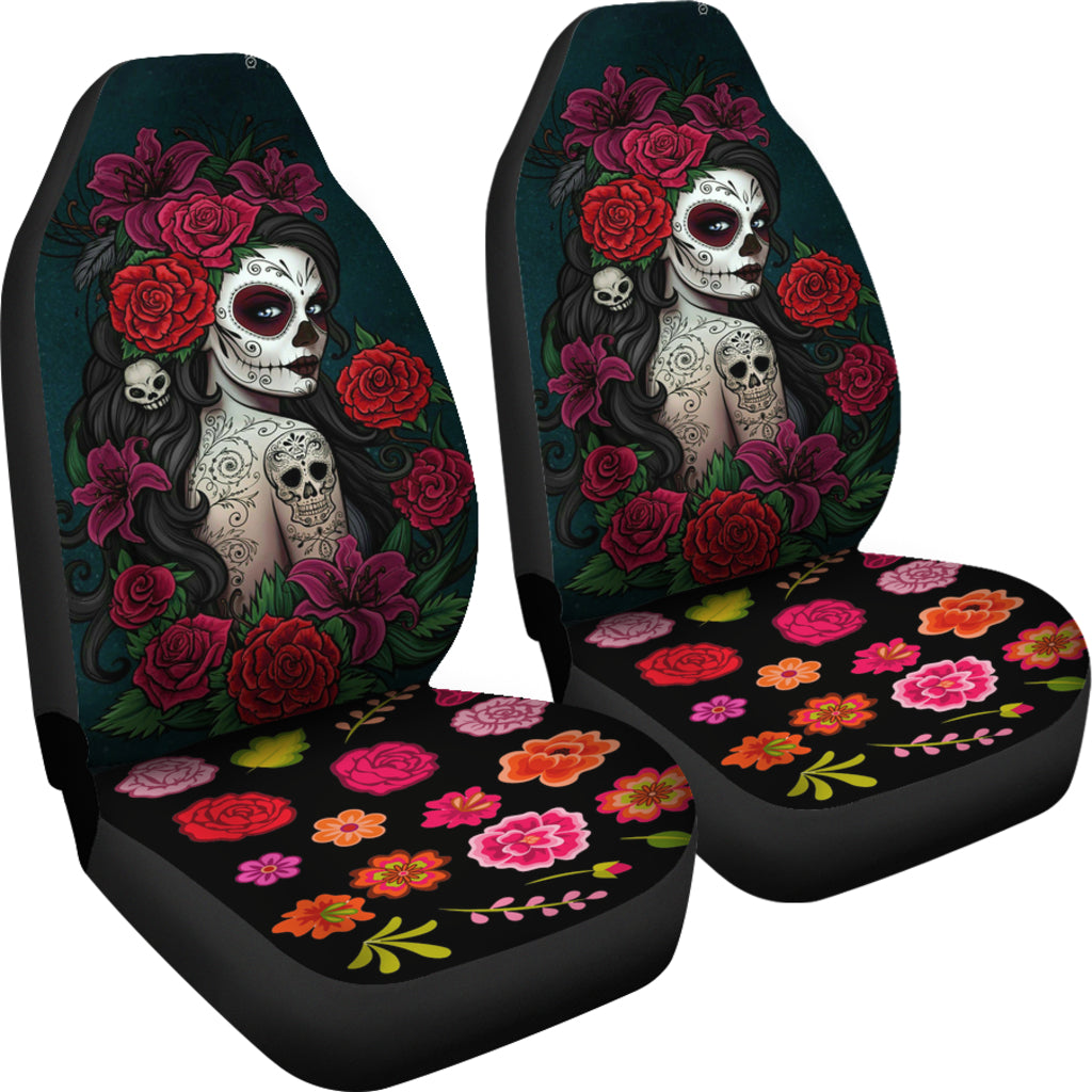 Set of 2-Sugar Skull Girl - Day of the dead car seat covers