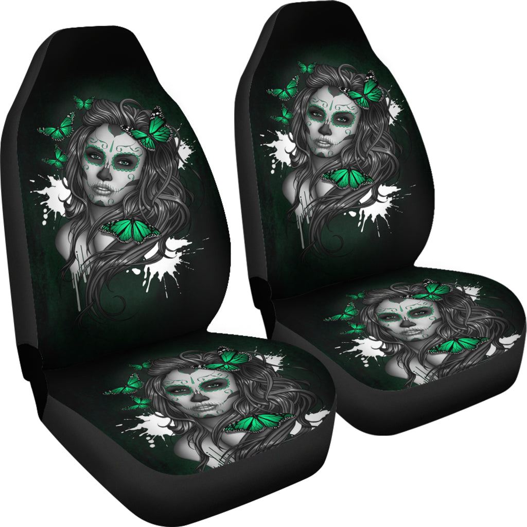 Set of 2 floral girl sugar skull car seat covers