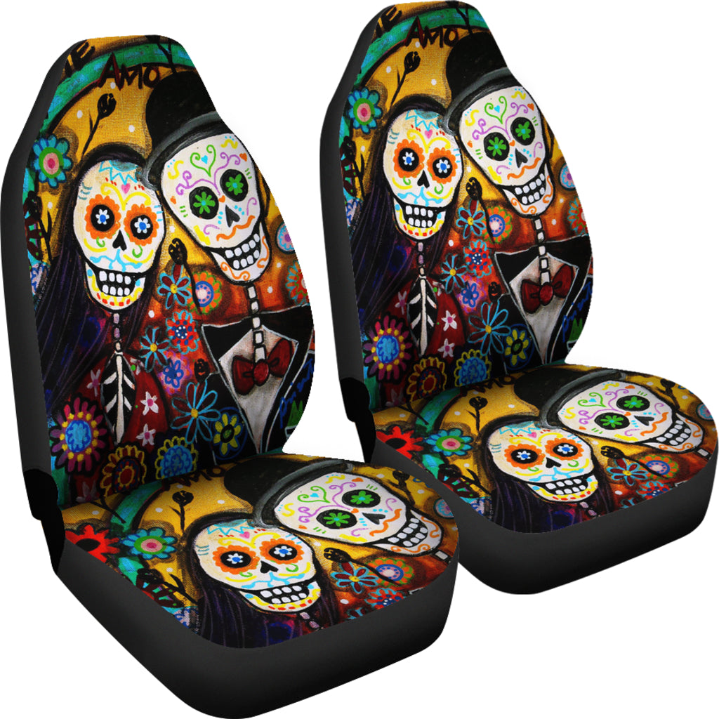 Set of 2 pcs Day of the dead sugar skull car seat cover