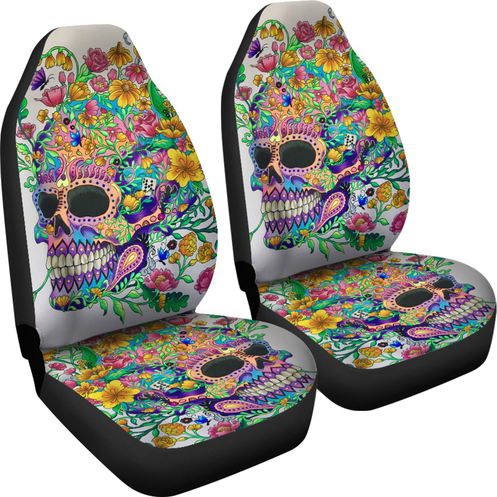 Set 2 pcs Floral sugar skull day of the dead skull car seat covers