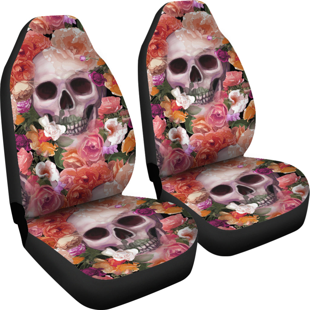 Set of 2 skull skeleton floral skull car seat covers