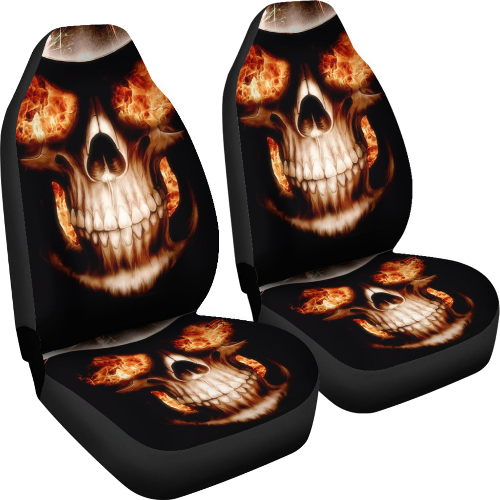 Set of 2 flaming fire skull car seat covers