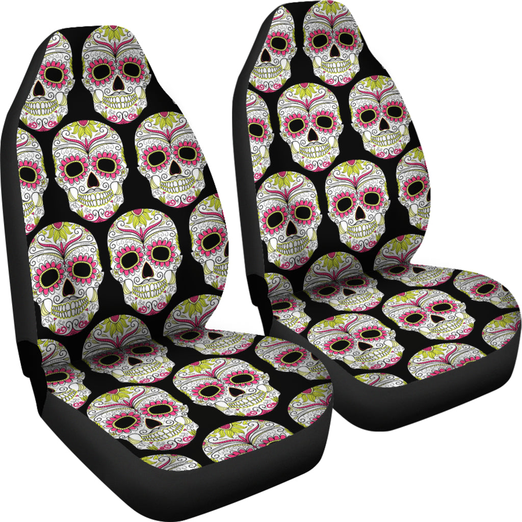 Set of 2 Pcs sugar skull car seat cover - Day of the dead seat cover