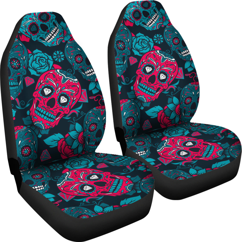 Set of 2 day of the dead sugar skull car seat covers