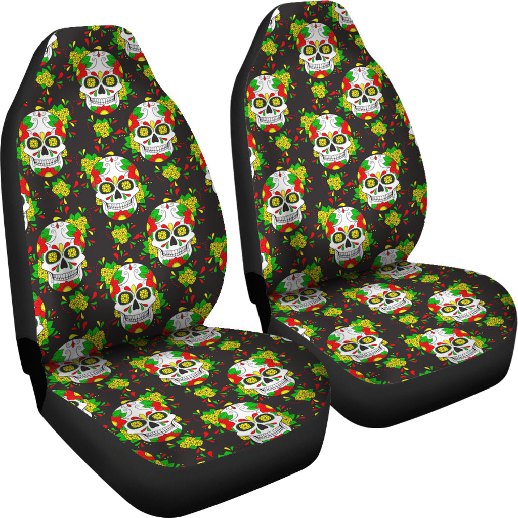 Set of 2 floral sugar skull day of the dead car seat covers