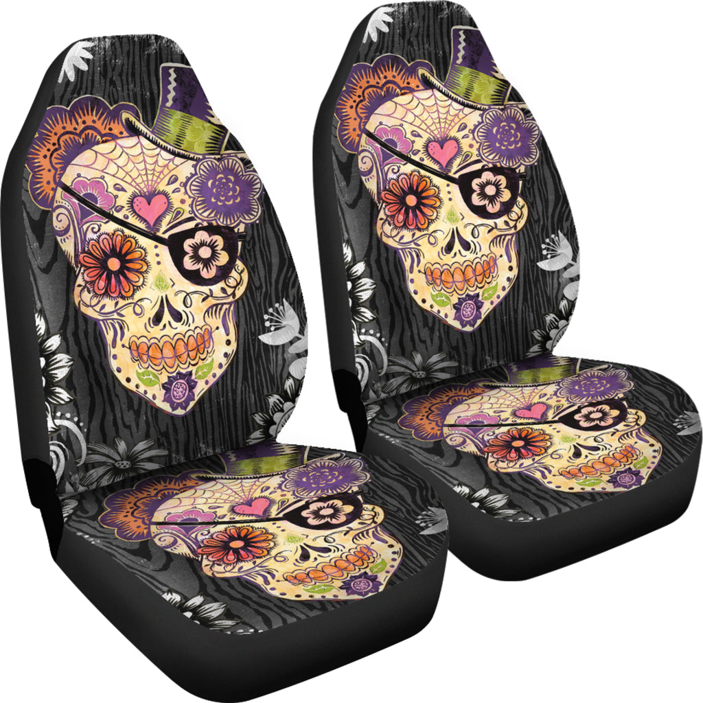 Set of 2 pcs sugar skull car seat covers