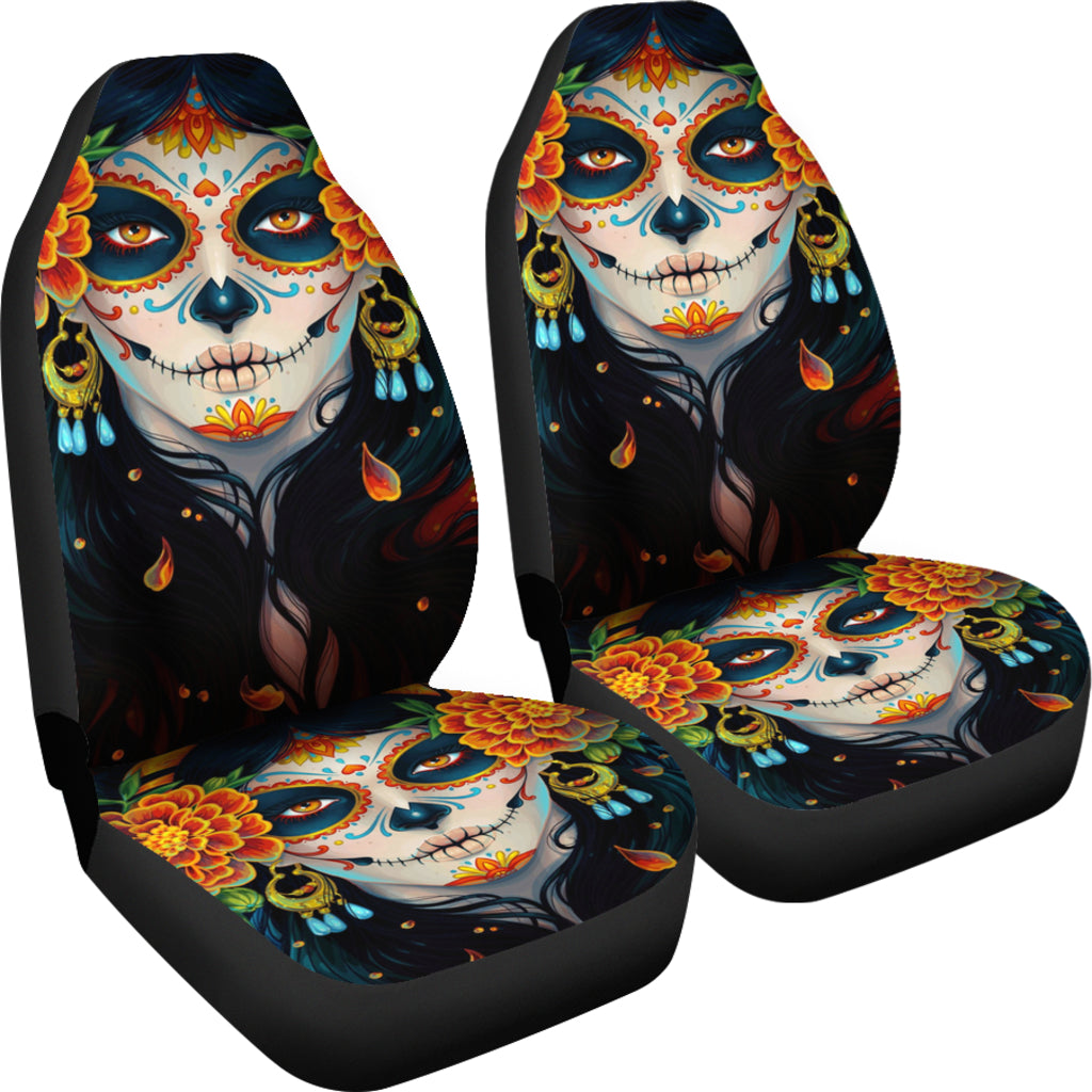 Set of 2 sugar skull car seat covers