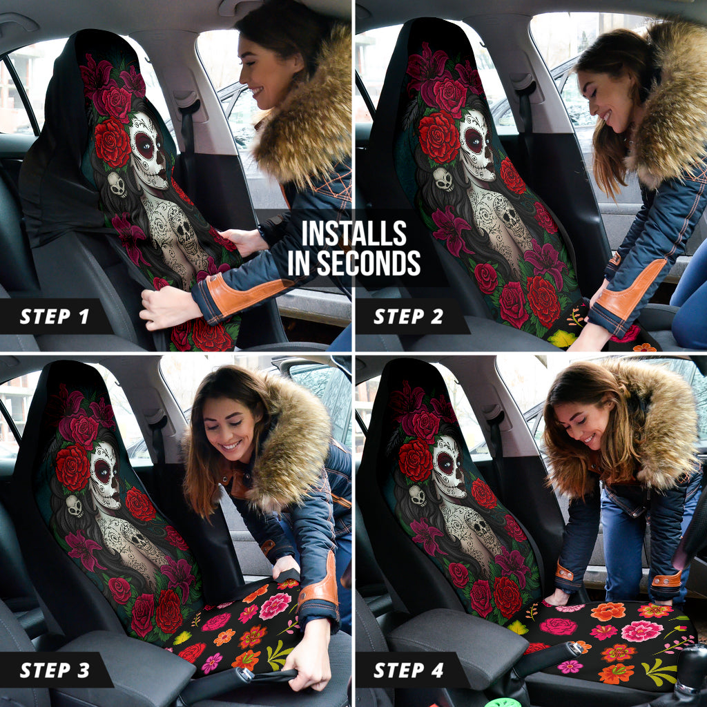 Set 2 pcs Sugar skull girls Day of the dead car seat covers