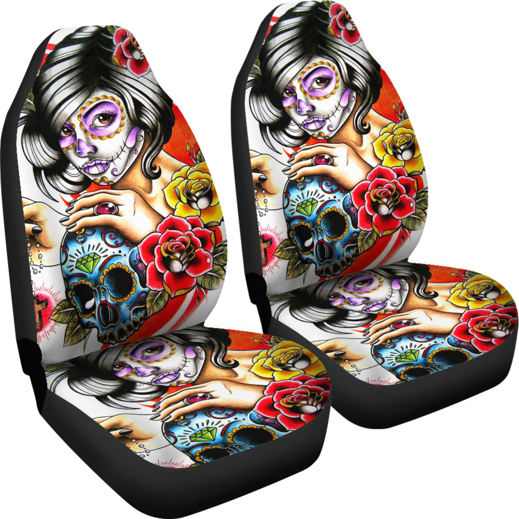 Set of 2 pcs day of the dead sugar skull girl car seat covers