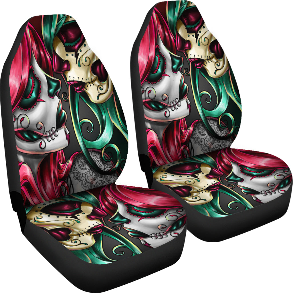 Set of 2 sugar skull girl car seat covers