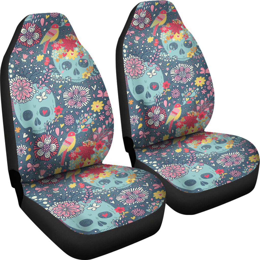 Set 2 pcs Floral sugar skull day of the dead skull car seat covers