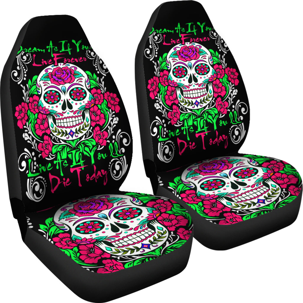 Set of 2 Pcs - sugar skull - day of the dead car seat cover