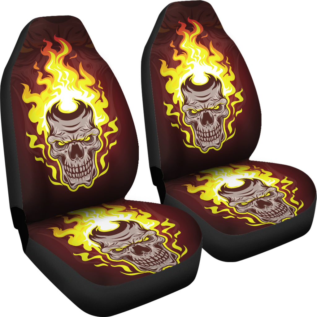 Set of 2 - Gothic horror Halloween skull flaming drum, skull car seat cover