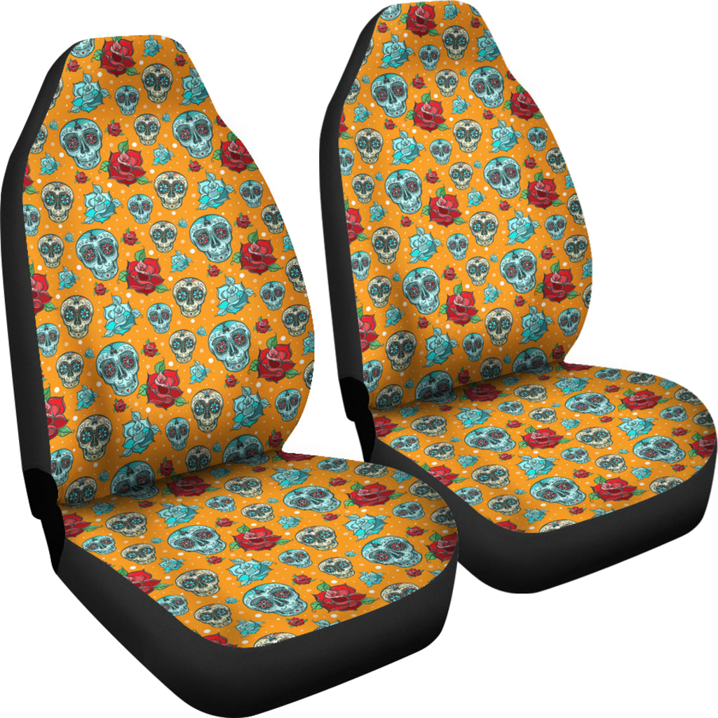 Set 2 pcs Floral sugar skull day of the dead skull car seat covers