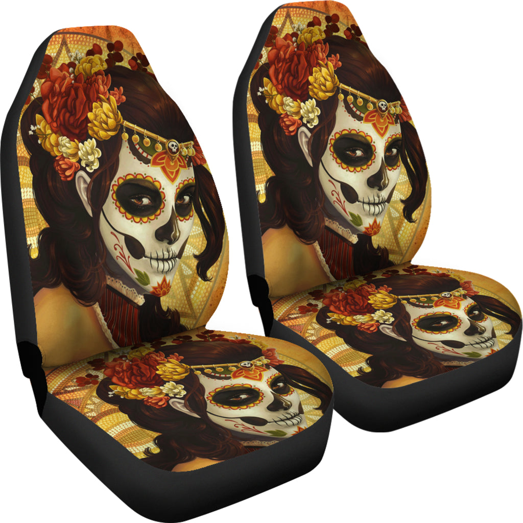 Set 2 pcs sugar skull day of the dead car seat covers