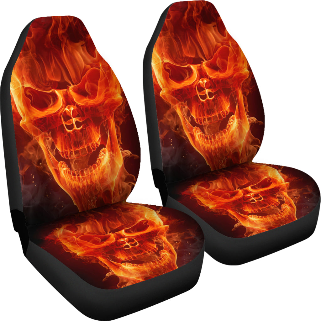 Set of 2 flaming skulls car seat covers