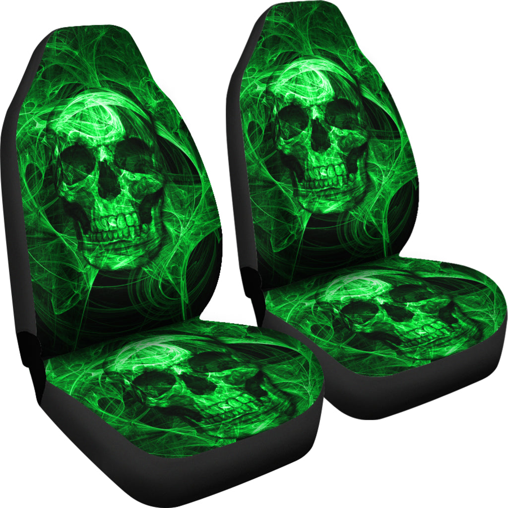 Set of 2 green flaming fire skull car seat covers