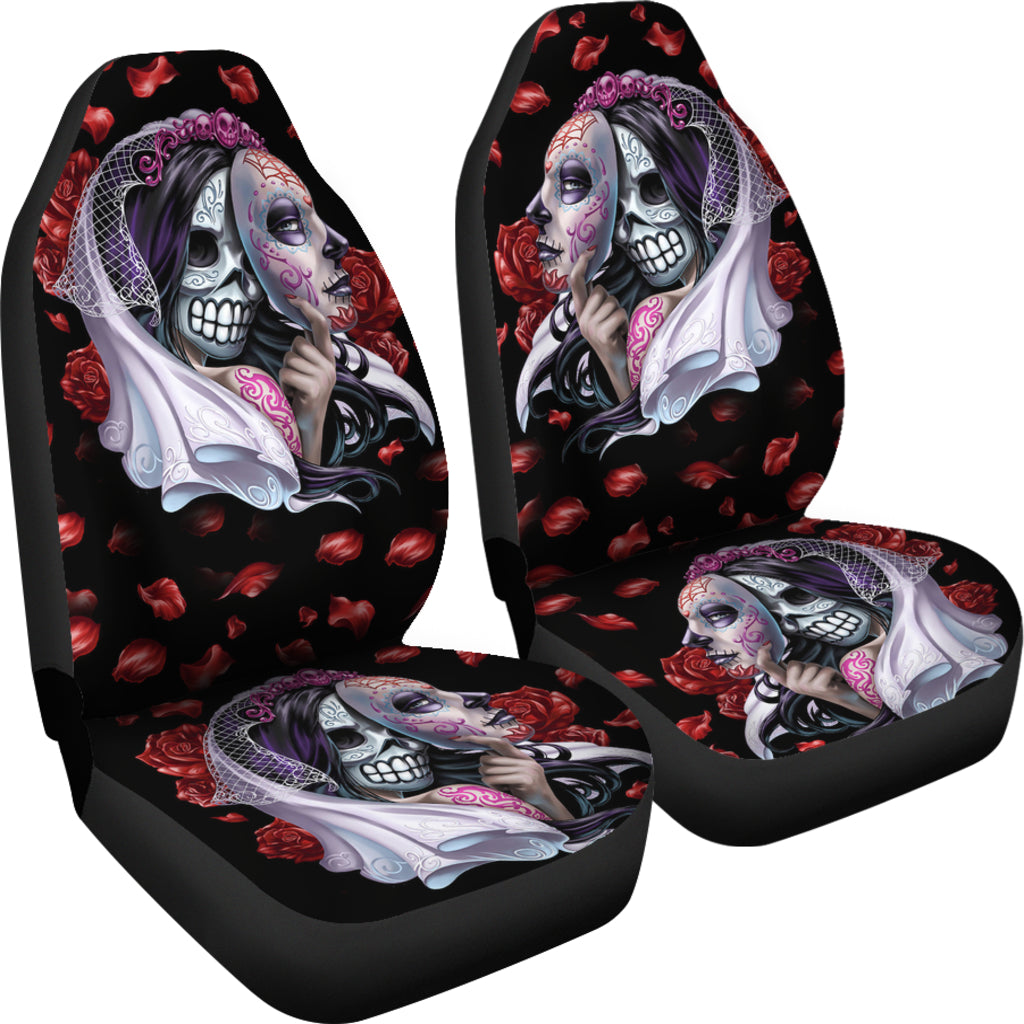 Set of 2 day of the dead sugar skull car seat covers