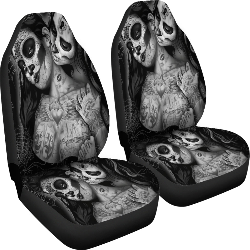 Set of 2 Day of the dead sugar skull car seat covers