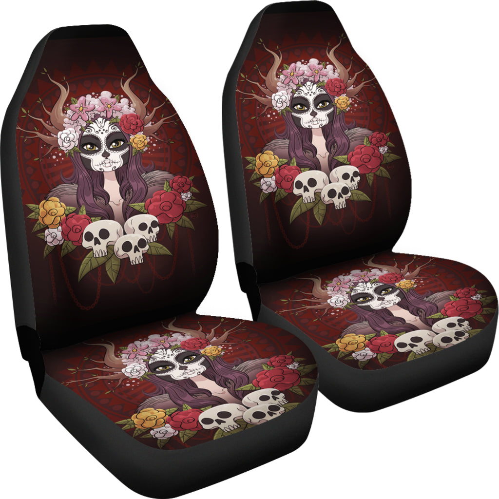 Set of 2 day of the dead sugar skull car seat covers