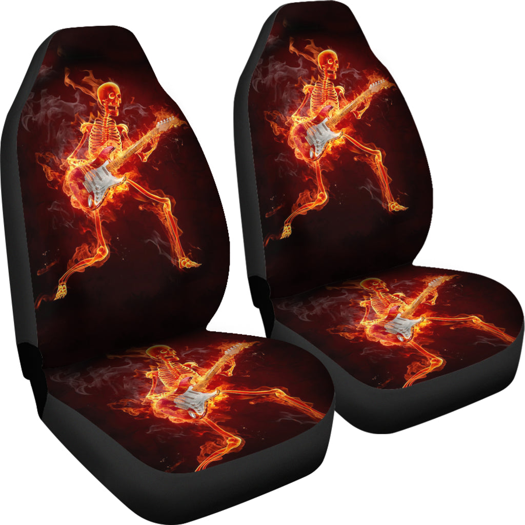 Set of 2 flaming fire skull car seat covers