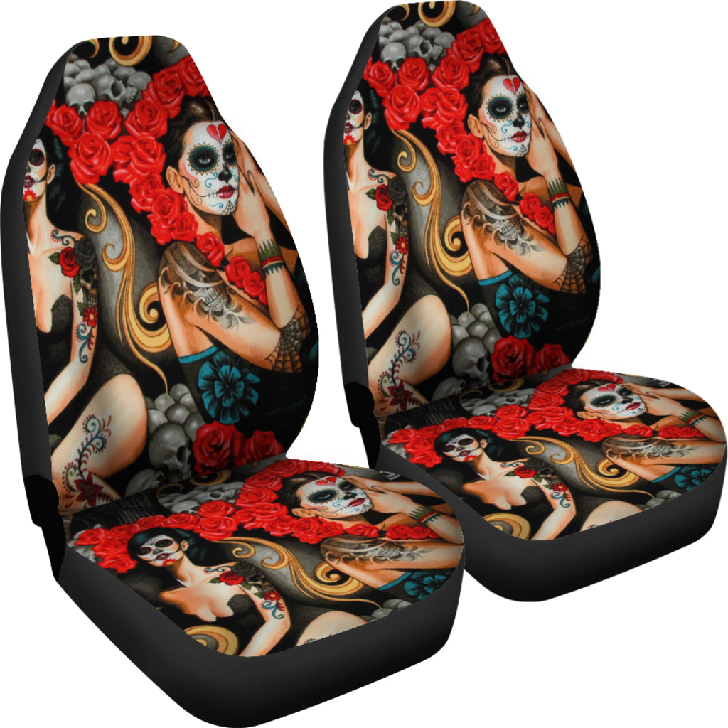 Set 2 pcs day of the dead sugar skull car seat covers