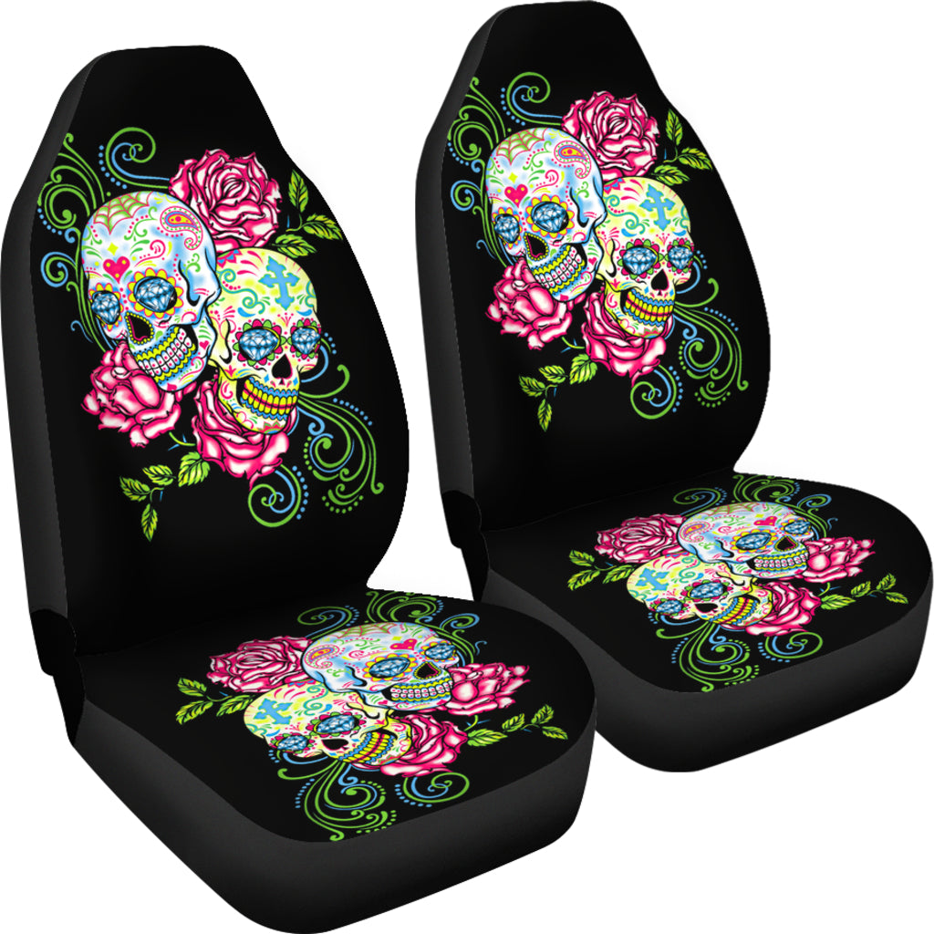 Set of 2 floral sugar skull car seat covers