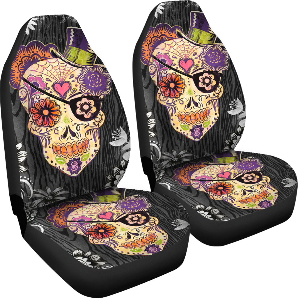 Set of 2 day of the dead sugar skull Gothic car seat covers